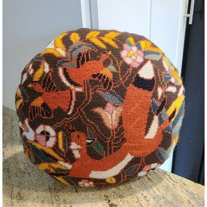 Fox Birds Flowers Round 15" Corduroy Back Pillow. Brown Orange Blue Yellow Pink